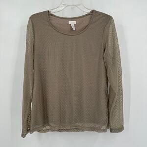 Chicos Womens Top Size‎ 2 US L Taupe Sheer Polka Dot Mesh Textured Blouse